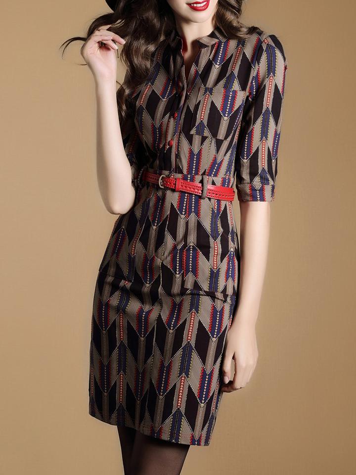 Romwe Multicolor Crew Neck Belted Print Sheath Dress