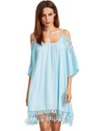 Romwe Blue Open Shoulder Crochet Lace Sleeve Tassel Dress