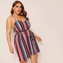 Romwe Plus Criss Cross Striped Cami Dress