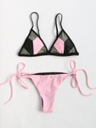 Romwe Pink Color Block Triangle Side Tie Bikini Set