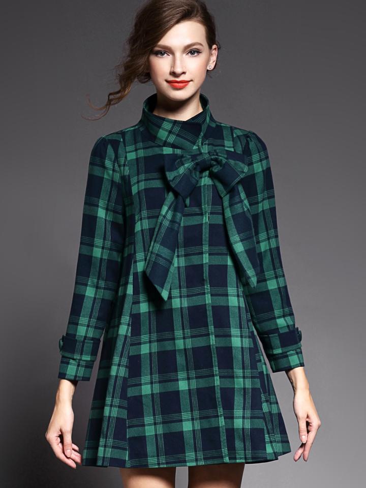 Romwe Green Stand Collar Long Sleeve Bow Check Print Coat