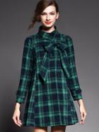 Romwe Green Stand Collar Long Sleeve Bow Check Print Coat