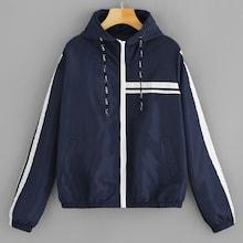 Romwe Varsity Striped Tape Panel Drawstring Hooded Jacket