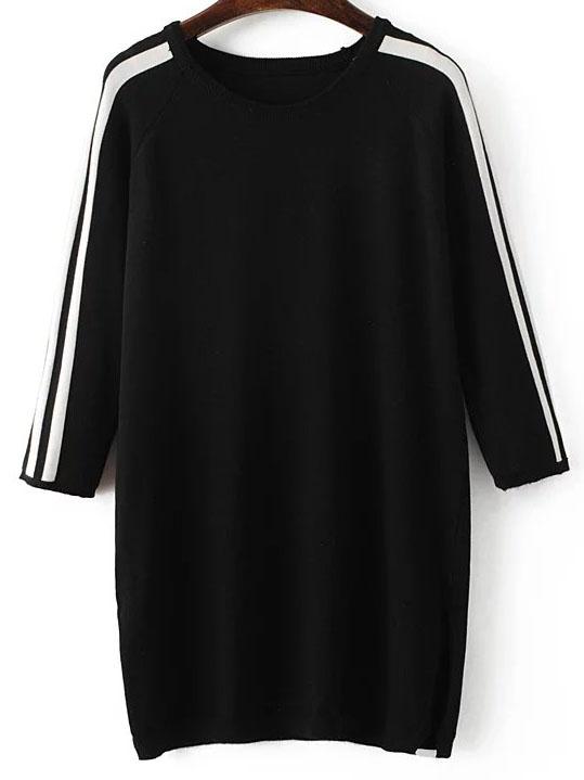 Romwe Black Striped Raglan Sleeve Side Slit Sweater Dress