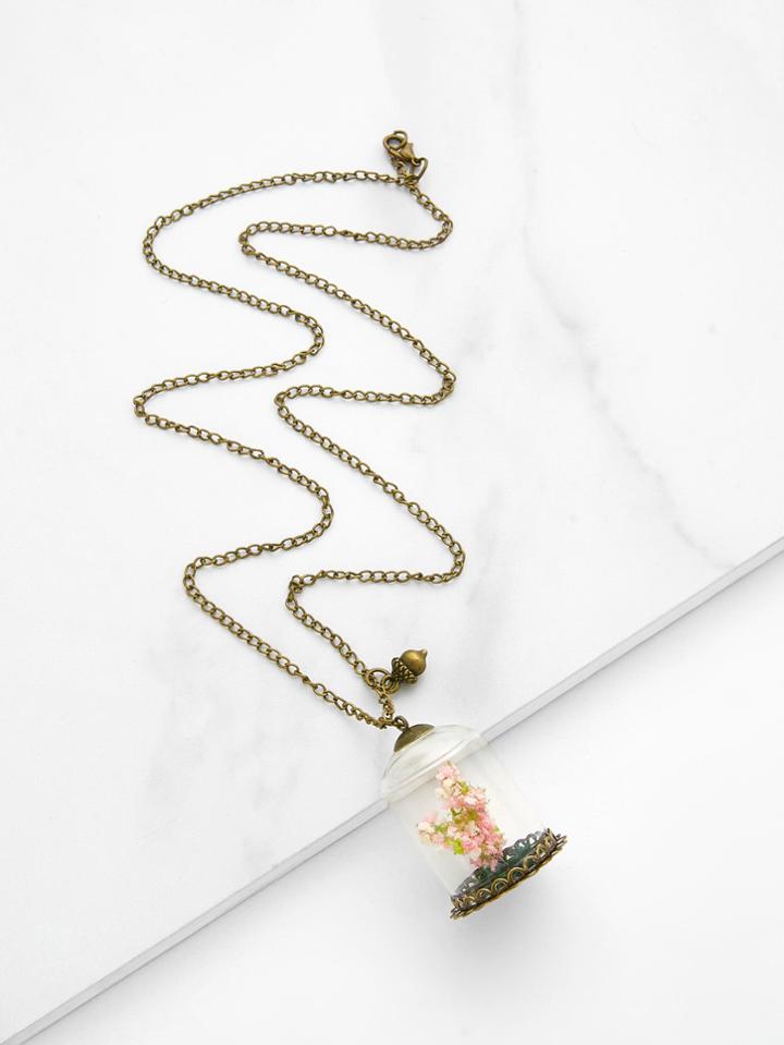 Romwe Glass Flower Pendant Chain Necklace
