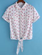 Romwe With Pockets Lips Print Knotted Blouse