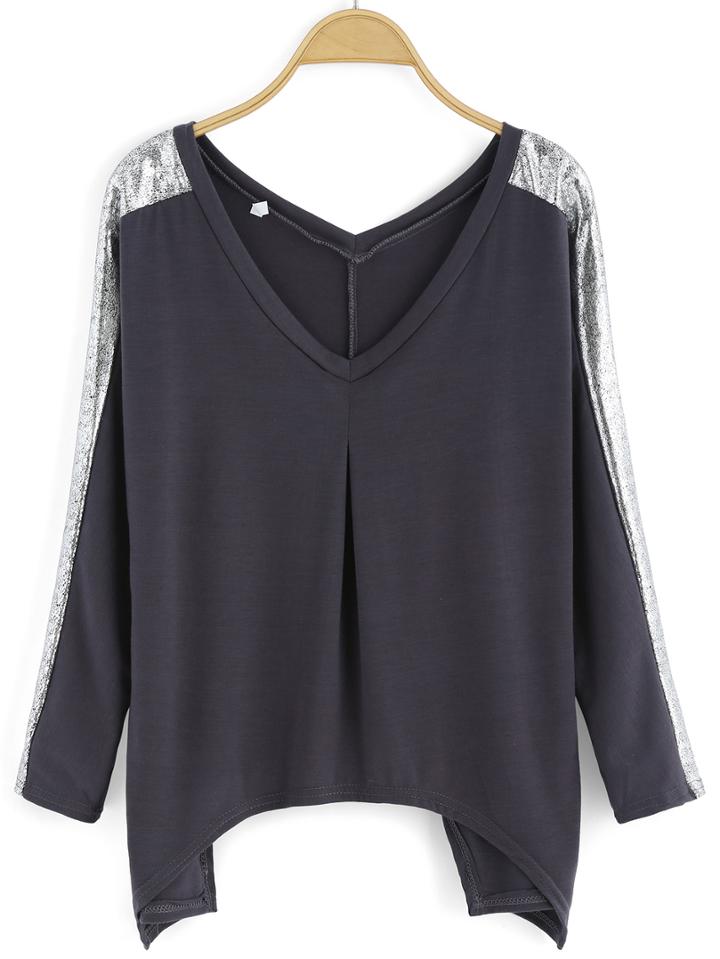 Romwe V Neck Asymmetrical Grey T-shirt
