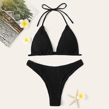 Romwe Smocked Triangle Top With High Cut Bikini