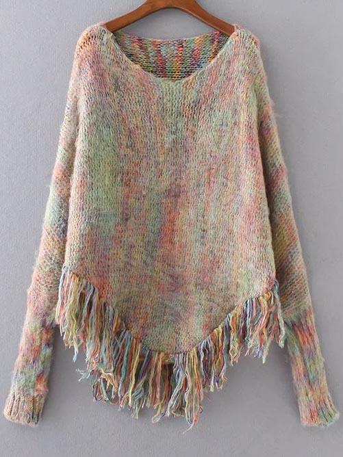 Romwe Khaki Fringe Hem Poncho Sweater
