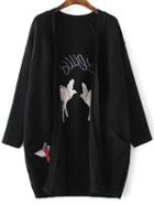 Romwe Black Eagle Embroidery Raglan Sleeve Cardigan With Pockets