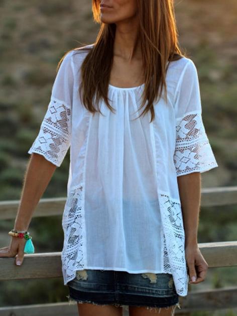 Romwe Elbow Sleeve Lace Splicing Hollow Blouse