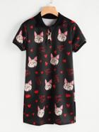 Romwe Cat Print Random Button Front Dress