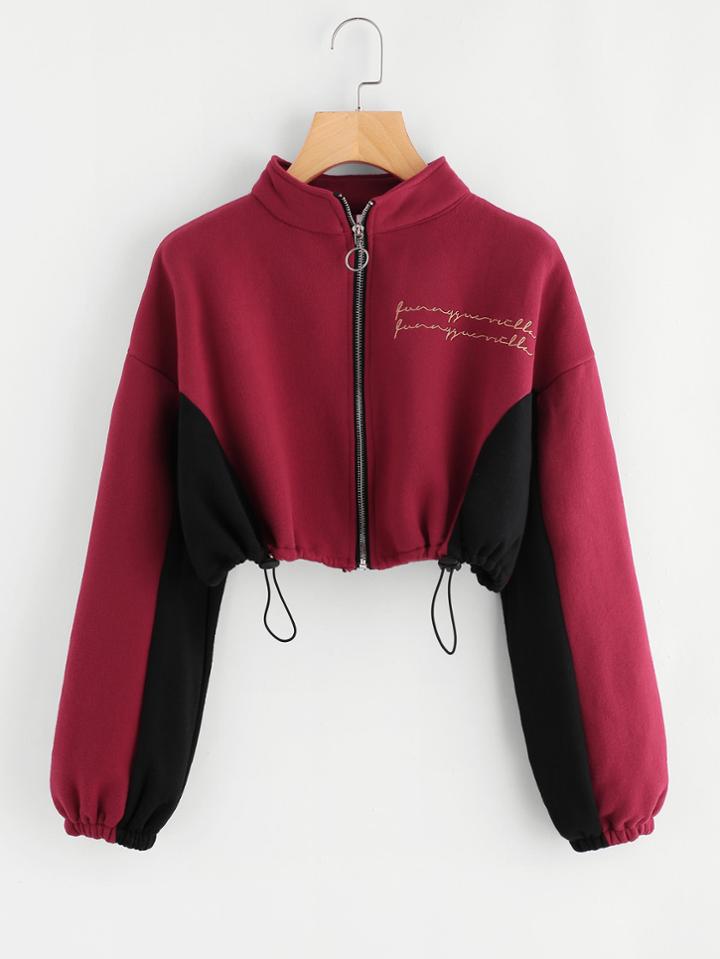 Romwe Two Tone Embroidered Drawstring Hem Crop Jacket