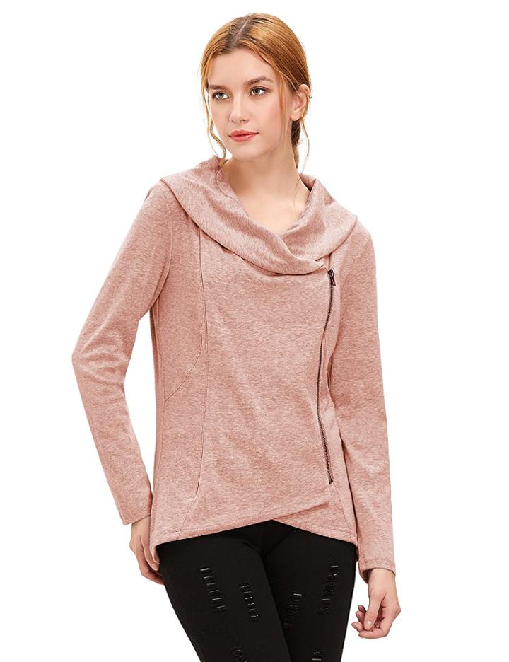 Romwe Pink Cowl Neck Asymmetric Zip Coat