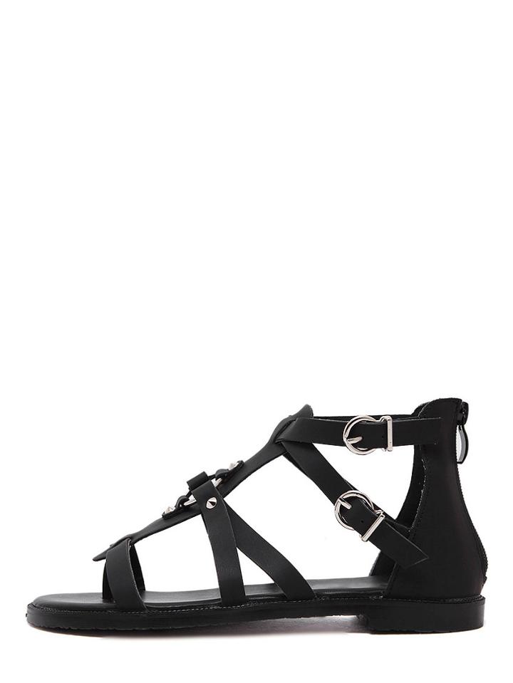 Romwe Black Open Toe Cut Out Zipper Gladiators