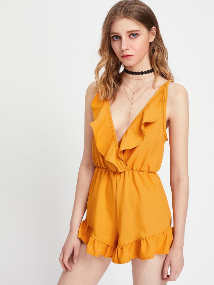 Romwe Frill Trim Open Back Wrap Cami Romper