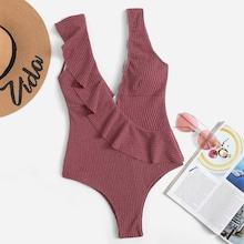 Romwe Double Plunge Ruffle Textured One Piece Swim