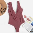 Romwe Double Plunge Ruffle Textured One Piece Swim