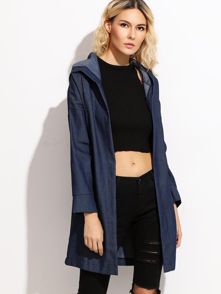 Romwe Dark Blue Drop Shoulder Hooded Denim Coat