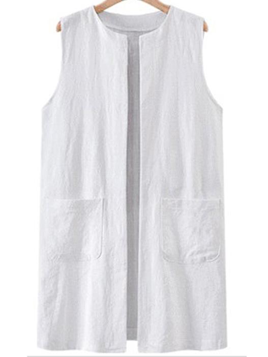 Romwe White Open Front Longline Vest With Pockets