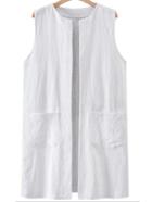 Romwe White Open Front Longline Vest With Pockets