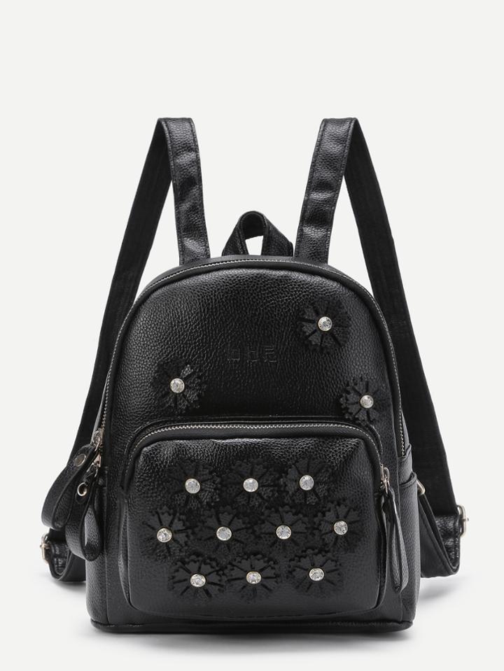 Romwe Rhinestone Flower Decorated Pu Backpack