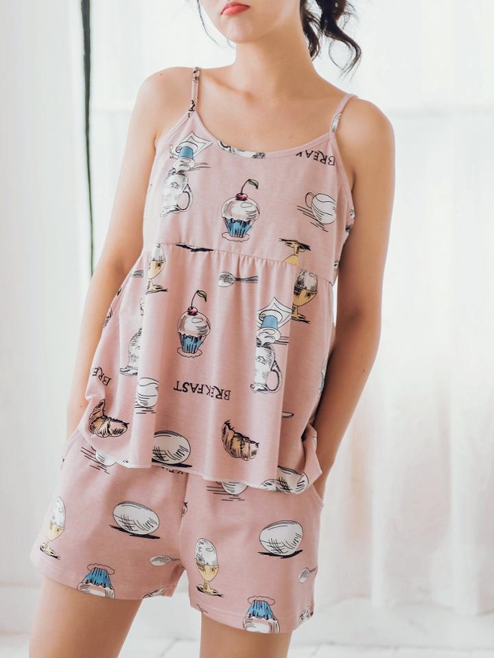 Romwe Cake Print Cami Top & Shorts Pj Set