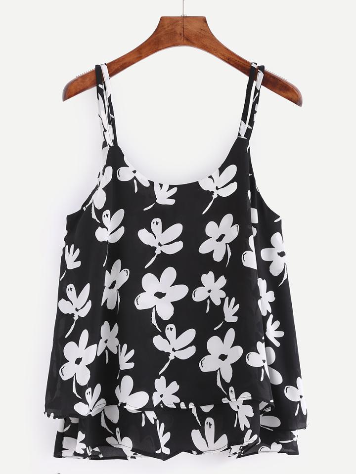 Romwe Flower Print Layered Chiffon Cami Top - Black