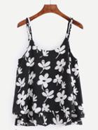 Romwe Flower Print Layered Chiffon Cami Top - Black