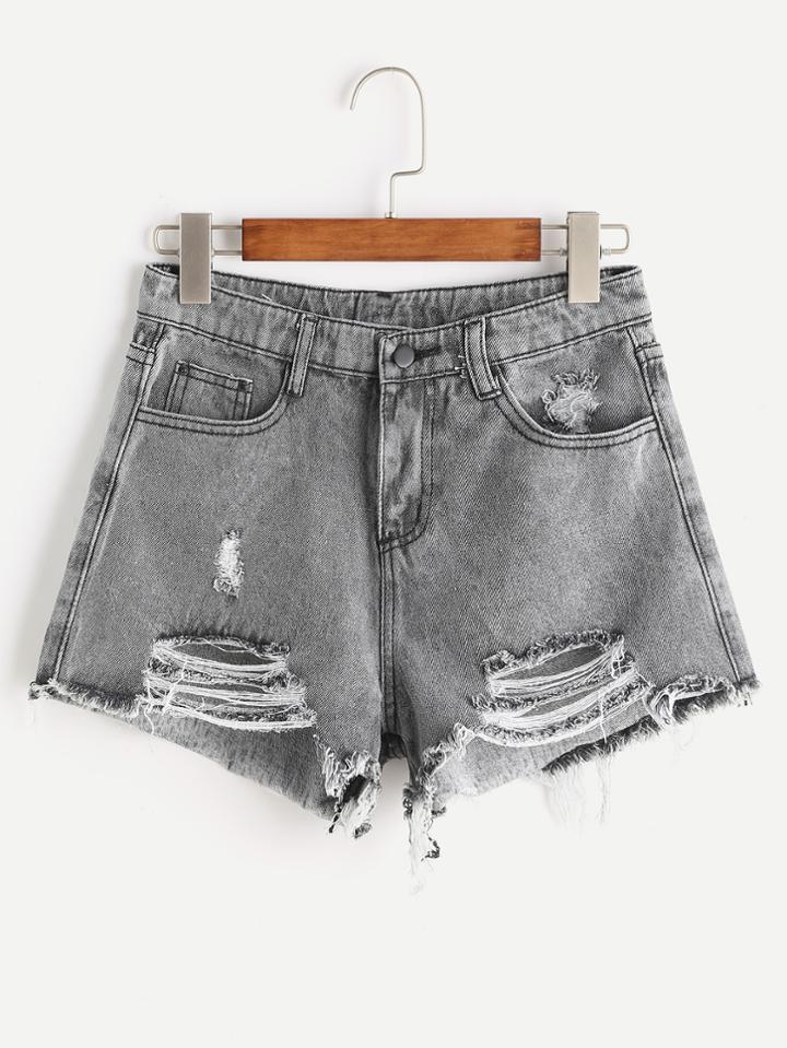 Romwe Distressed Fray Hem Denim Shorts