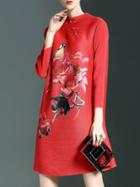 Romwe Red Collar Flowers Pleated Elastic Dress