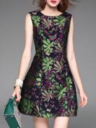 Romwe Green Leaves Jacquard A-line Dress