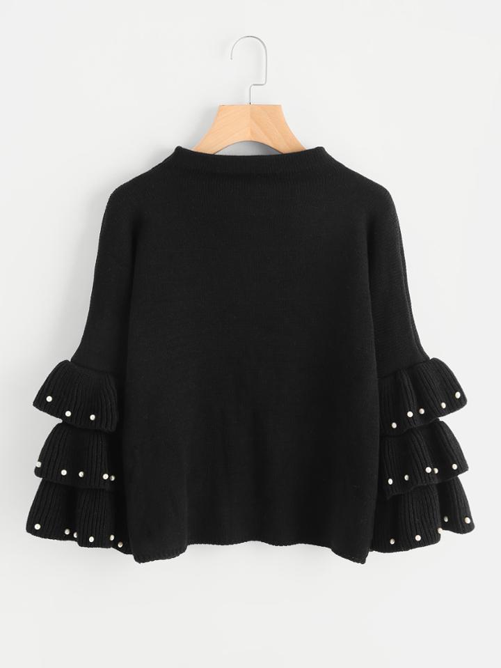 Romwe Pearl Beading Layered Bell Sleeve Jumper