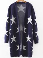 Romwe Navy Collarless Ribbed Trim Star Cardigan