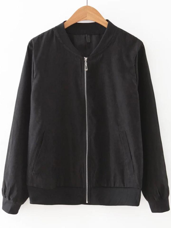 Romwe Black Zipper Up Bomber Jacket