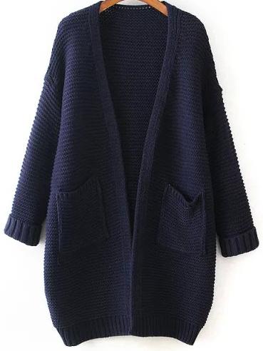Romwe With Pockets Knit Navy Cardigan