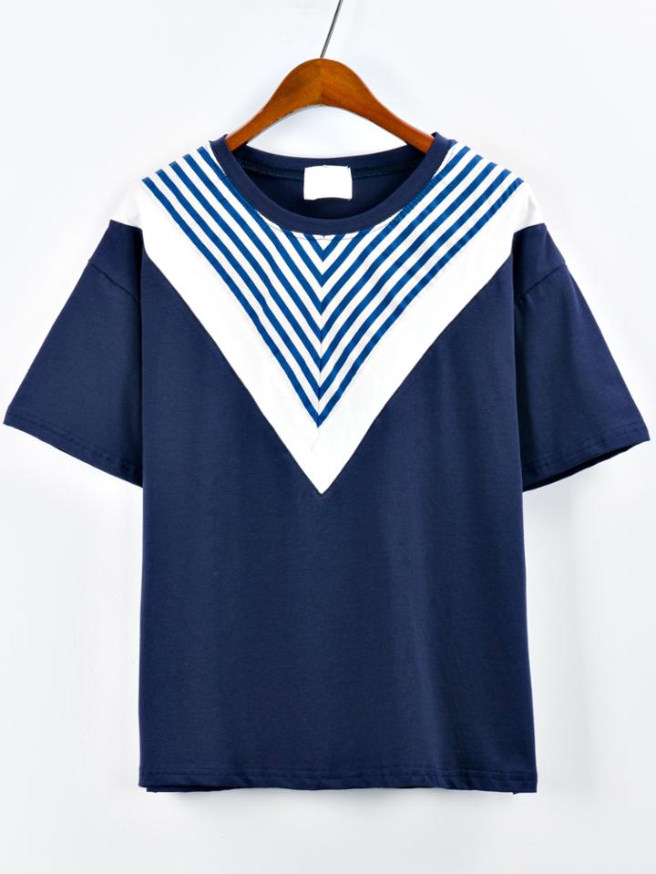 Romwe Navy Chevron Patch Drop Shoulder T-shirt