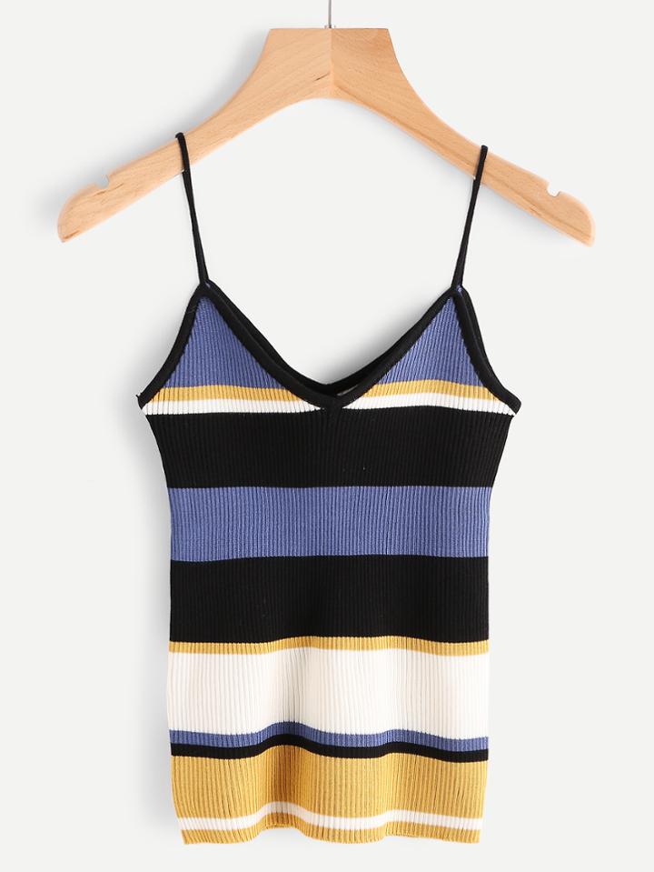 Romwe Striped Ribbed Cami Top