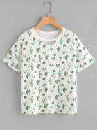 Romwe Cutout Cactus Print Slub Tee