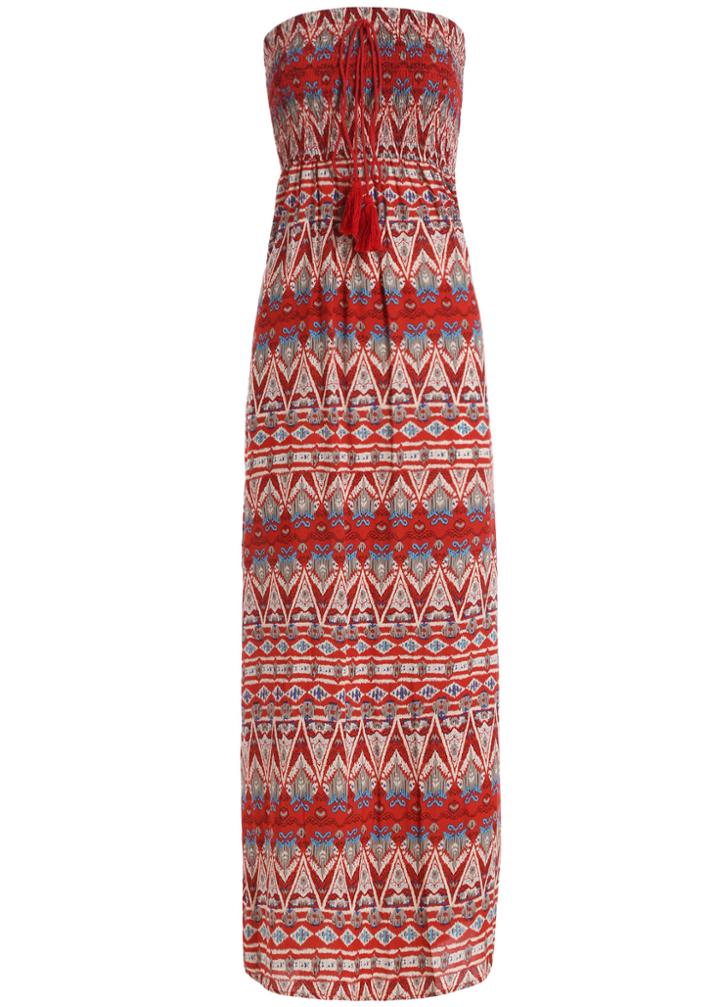 Romwe Strapless Tribal Print Red Dress
