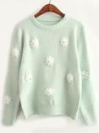 Romwe Crochet Beaded Green Sweater