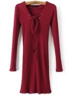 Romwe Red Lace Up V Neck Ribbed Dress