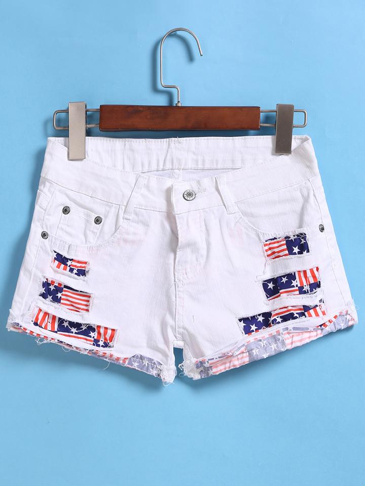 Romwe Star Print Cut Denim Shorts