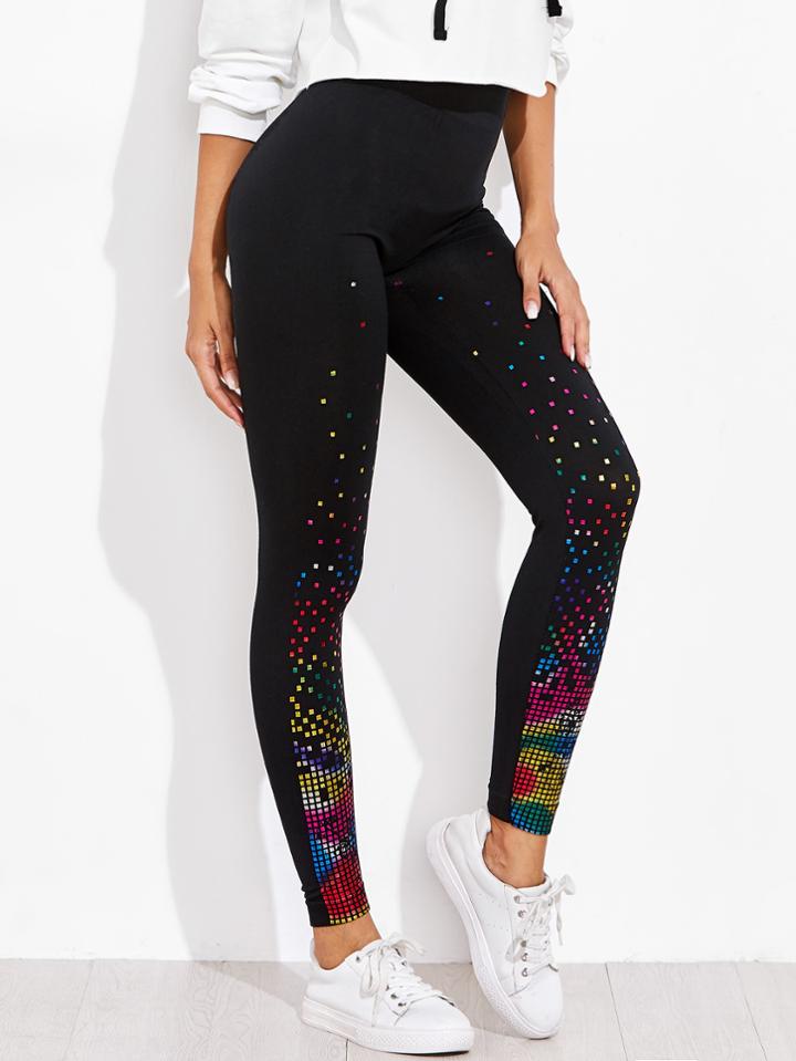 Romwe Colorful Print Elastic Waist Skinny Leggings