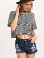 Romwe White Black Short Sleeve Striped Cropped T-shirt