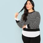 Romwe Plus Solid Trim Dolman Sleeve Striped Pullover
