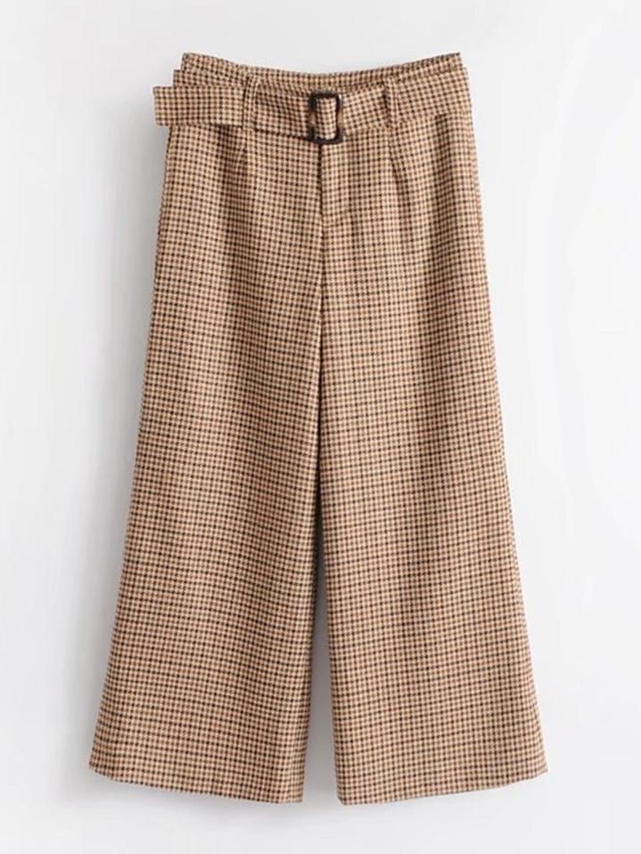 Romwe Wide Leg Houndstooth Pants With Belt