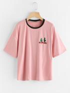 Romwe Contrast Collar Cactus Embroidered Tee