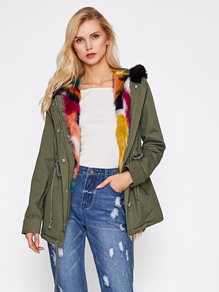 Romwe Faux Fur Trim Drawstring Waist Coat