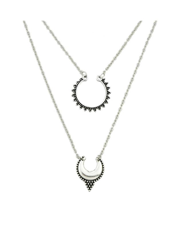 Romwe Silver Double Layers Long Pendant Necklace